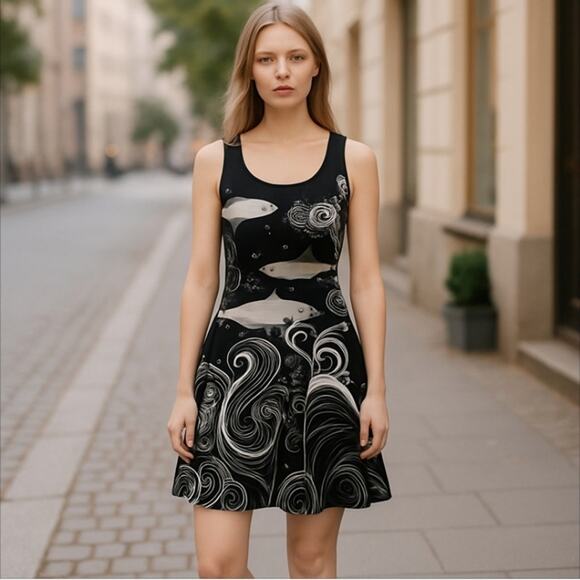 Amazing Shark/Ocean Print Skater Spandex Blend Dress Size Small - Picture 1 of 10